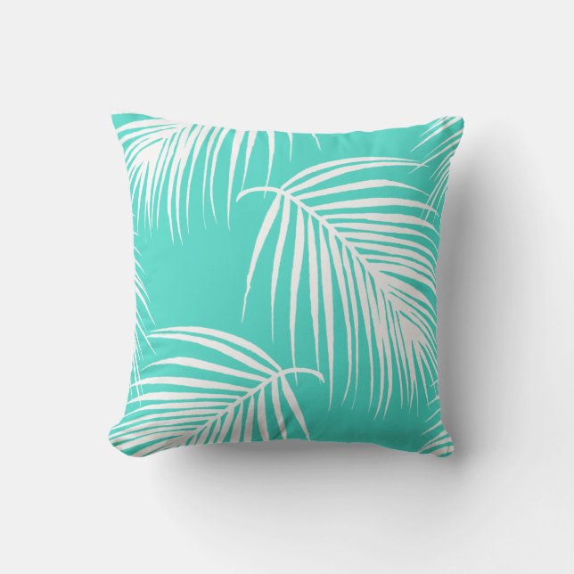 Turquoise and White Palm Tropical Cushion (Front)