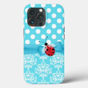 Turquoise and White Patterns and Ladybug iPhone 13 Pro Case