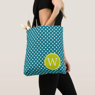 Turquoise and White Polka Dot With Lime Monogram Tote Bag