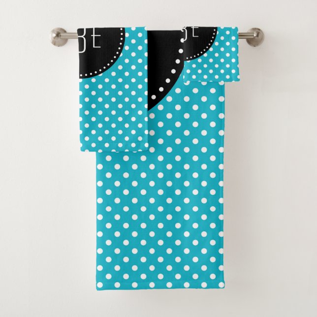Turquoise and white polka dots with black monogram bath towel set (Insitu)