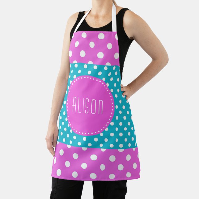 Turquoise and white polka dots with pink monogram  apron (Insitu)