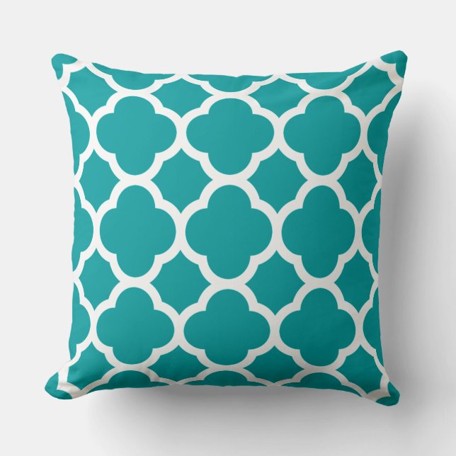 Turquoise and White Quatrefoil Pattern Cushion (Front)