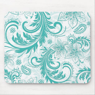 Turquoise And White Retro Flowers & Swirls Design Mouse Pad
