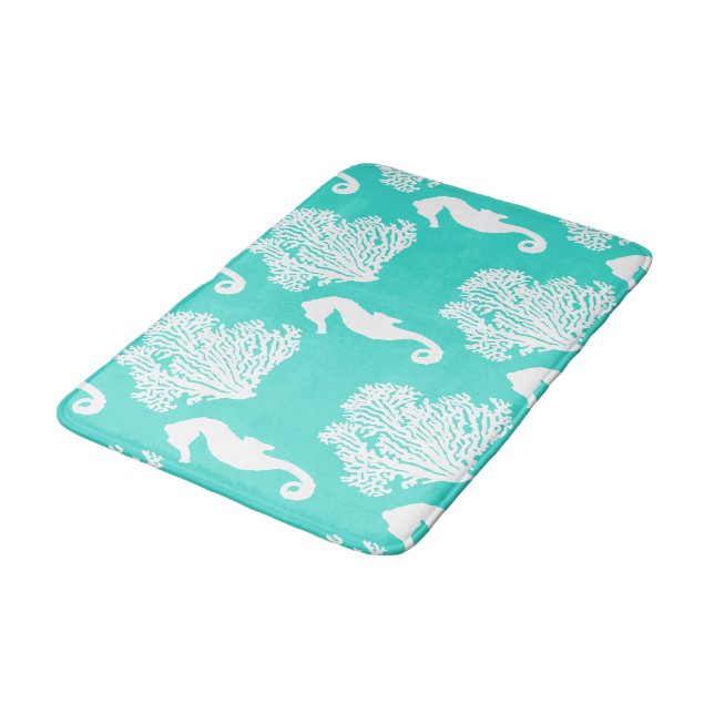 Turquoise And White Seahorse Coastal Pattern Bath Mat (Angled)