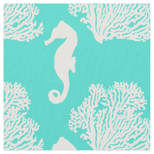 Turquoise And White Seahorse Coastal Pattern Fabric (Close Up)