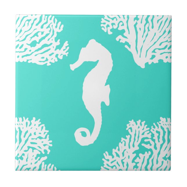 Turquoise And White Seahorse Coastal Pattern Tile (Front)