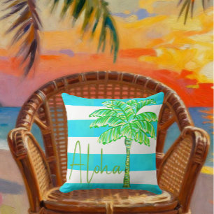 Turquoise and White Stripe Palm Tree Aloha Cushion