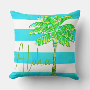 Turquoise and White Stripe Palm Tree Aloha Cushion
