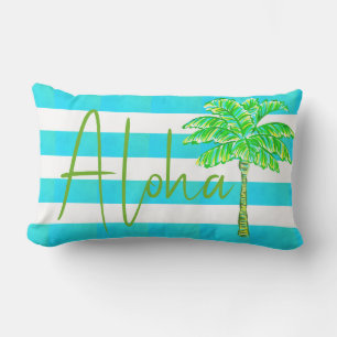 Turquoise and White Stripe Palm Tree Aloha Lumbar Cushion