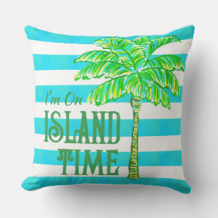 Turquoise and White Stripe Palm Tree Island Time Cushion