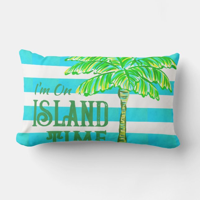 Turquoise and White Stripe Palm Tree Island Time Cushion (Front)