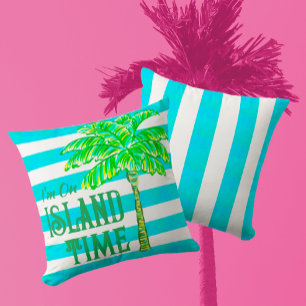 Turquoise and White Stripe Palm Tree Island Time Cushion