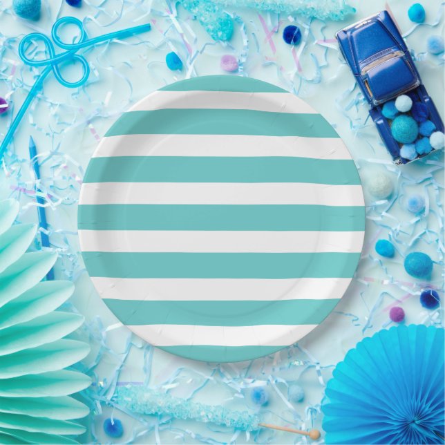 Turquoise and White Stripes Paper Plate (Party)