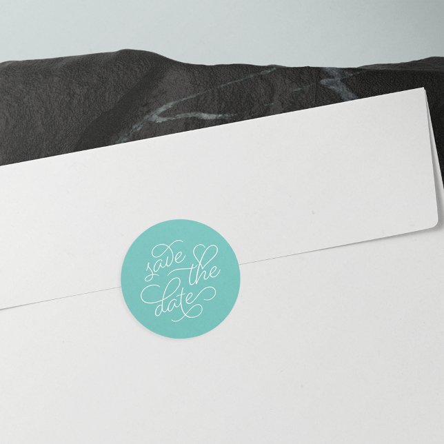 Turquoise and White Typography Save the Date Classic Round Sticker (Creator Uploaded)