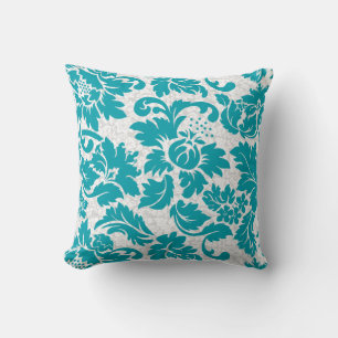 Turquoise And White Vintage Floral Damasks Cushion