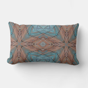 Turquoise and wood geometric lumbar cushion