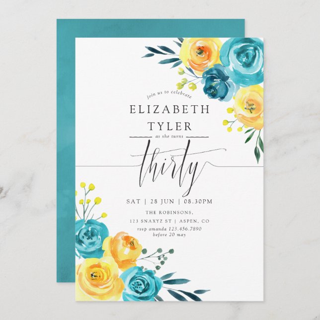 Turquoise and Yellow Floral 30th Birthday Party Invitation (Front/Back)