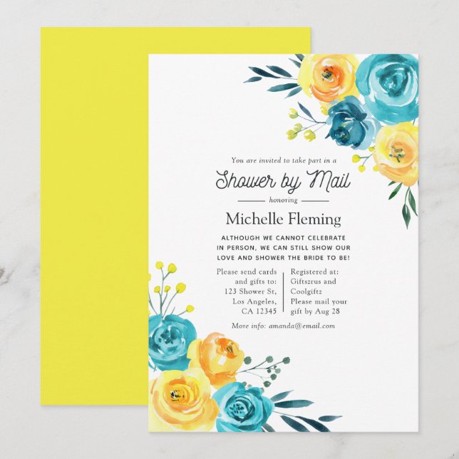 Turquoise and Yellow Floral Baby Shower by Mail Invitation (Front/Back)