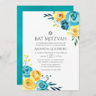 Turquoise and Yellow Floral Bat Mitzvah Invitation