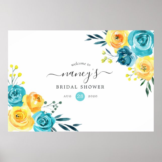 Turquoise and Yellow Floral Bridal Shower Poster (Front)