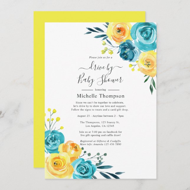 Turquoise and Yellow Floral Drive By Shower Invitation (Front/Back)