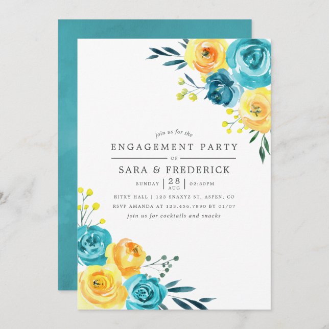 Turquoise and Yellow Floral Engagement Party Invitation (Front/Back)