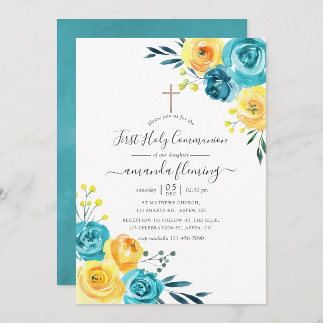 Turquoise and Yellow Floral Holy Communion Invitation (Front/Back)