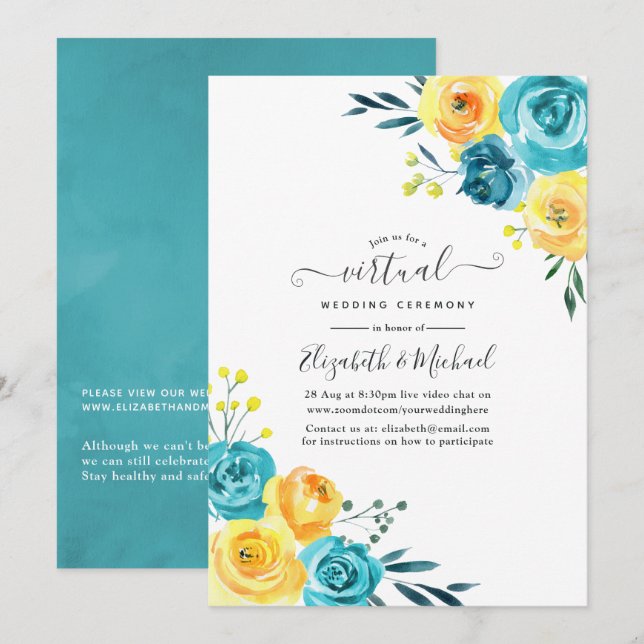 Turquoise and Yellow Floral Online Virtual Wedding Invitation (Front/Back)