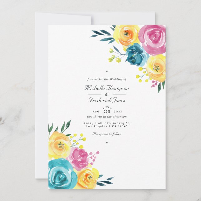 Turquoise and Yellow Floral QR Code RSVP Wedding Invitation (Front)