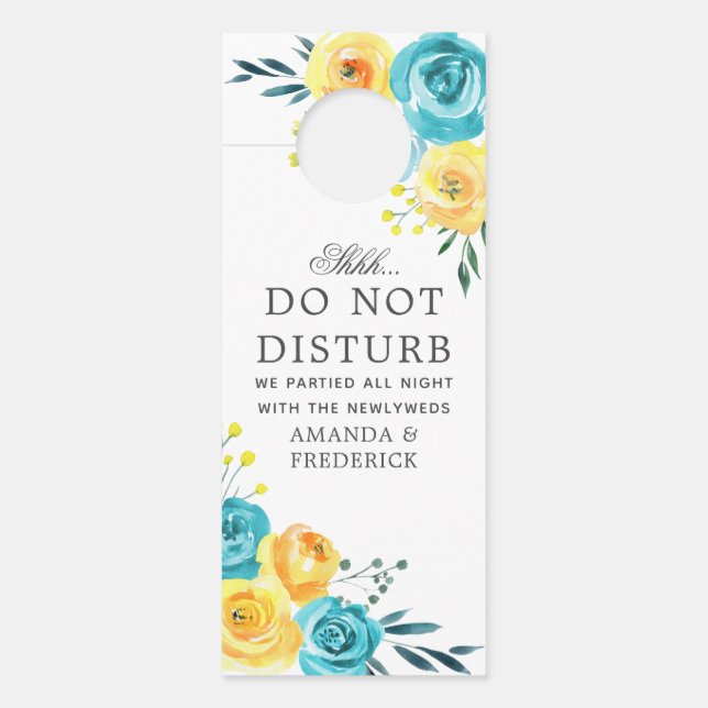 Turquoise and Yellow Floral Wedding Do Not Disturb Door Hanger (Front)