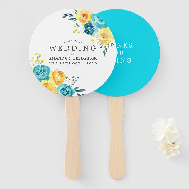 Turquoise and Yellow Floral Wedding Favour Hand Fan (Front and Back)