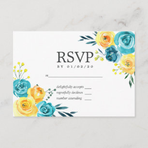 Turquoise and Yellow Floral Wedding RSVP Card