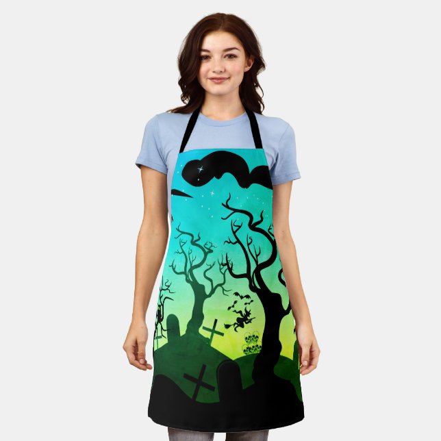 Turquoise and yellow haunted graveyard Halloween Apron (Worn)