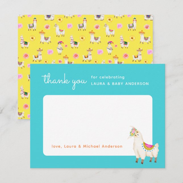 Turquoise and Yellow Llama Baby Shower Thank You Card (Front/Back)