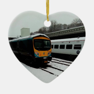 Turquoise and yellow train ceramic ornament