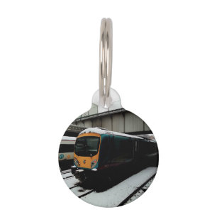 Turquoise and yellow train pet tag