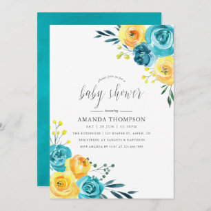 Turquoise and Yellow Watercolor Floral Baby Shower Invitation