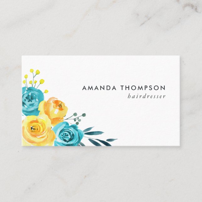 Turquoise and Yellow Watercolor Floral Business Card (Front)