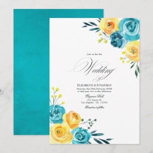 Turquoise and Yellow Watercolor Floral Wedding Invitation