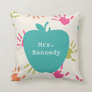 Turquoise Apple Colourful Handprints Teacher Cushion