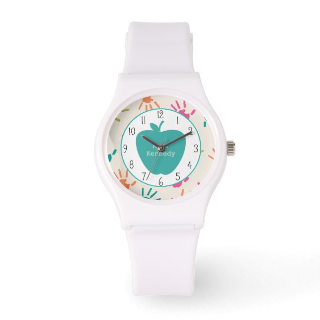 Turquoise Apple Colourful Handprints Teacher Watch (Front)
