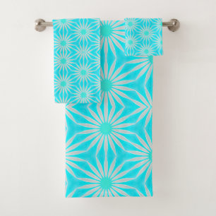 Turquoise, Aqua and Grey Flowers with Cyan Bath Towel Set