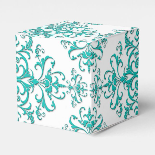 Turquoise Aqua and White Fancy Floral Damask Favour Box (Front Side)
