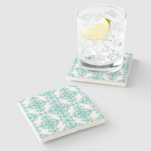Turquoise Aqua and White Fancy Floral Damask Stone Coaster