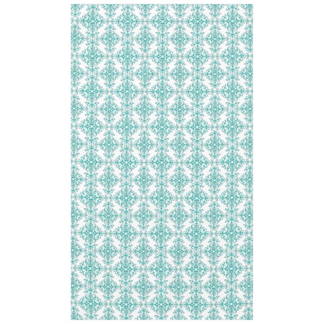 Turquoise Aqua and White Fancy Floral Damask Tablecloth (Front)