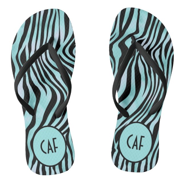 Turquoise Aqua Black Zebra Animal Print Monogram Thongs (Footbed)