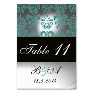 TURQUOISE AQUA BLUE BLACK WHITE DAMASK MONOGRAM TABLE NUMBER