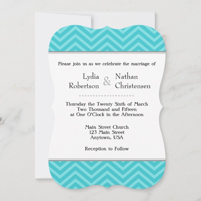 Turquoise Aqua Blue Chevron Wedding Invitations (Front)