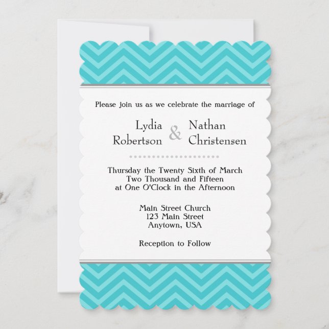 Turquoise Aqua Blue Chevron Wedding Invitations (Front)