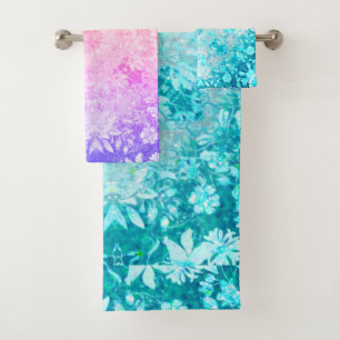 Turquoise Aqua Blue Floral Pattern    Bath Towel Set
